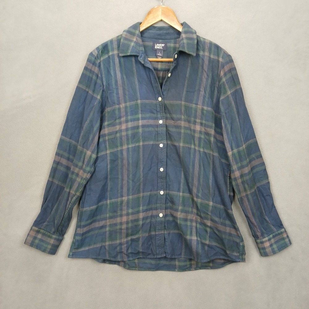 Lands' End Dress Shirt Womens L(14-16) Blue Plaid Flannel Standard Fit Button Up